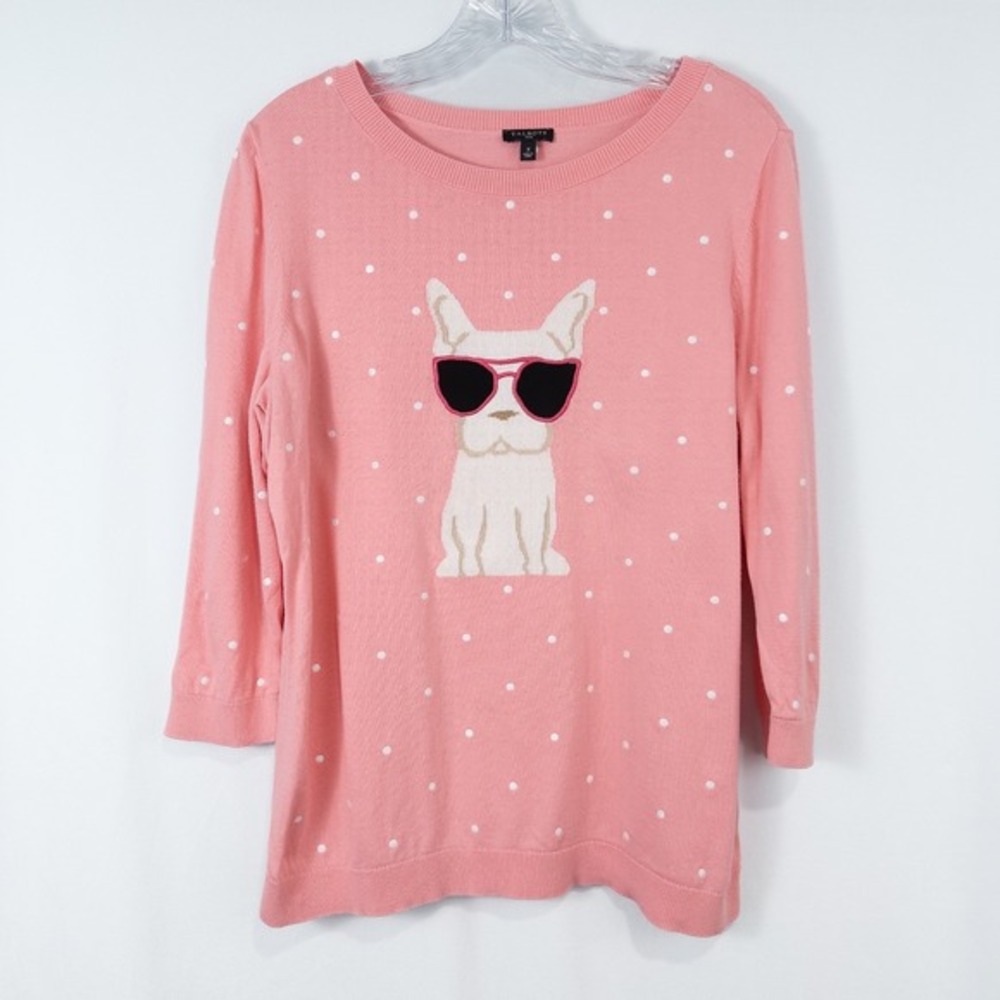Talbots Plus Embroidered French Bulldog‎ Polka Dot Sweater Size X Preppy Twee